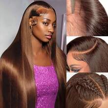 13x6 13x4 HD Clear Frontal Human Blended Hair Straight Wig 34 Inches - 200% High Density Pre-Trimmed Glue-Free Seamless Wig, Women's Brown Straight Frontal Mesh, No Glue Required For Wear - Brown - View 7