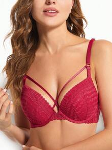 Deyllo 情人节红色蕾丝文胸，女士钢圈交叉前肩带性感聚拢文胸，情人节礼物 - 紅色 - 查看 2