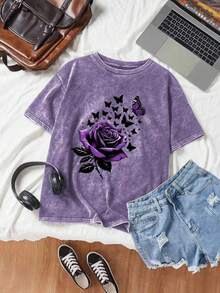 女士夏季复古玫瑰印花水洗清凉休闲简约宽松日常复古圆领短袖T恤上衣夏季女装 - 紫色 - 查看 2