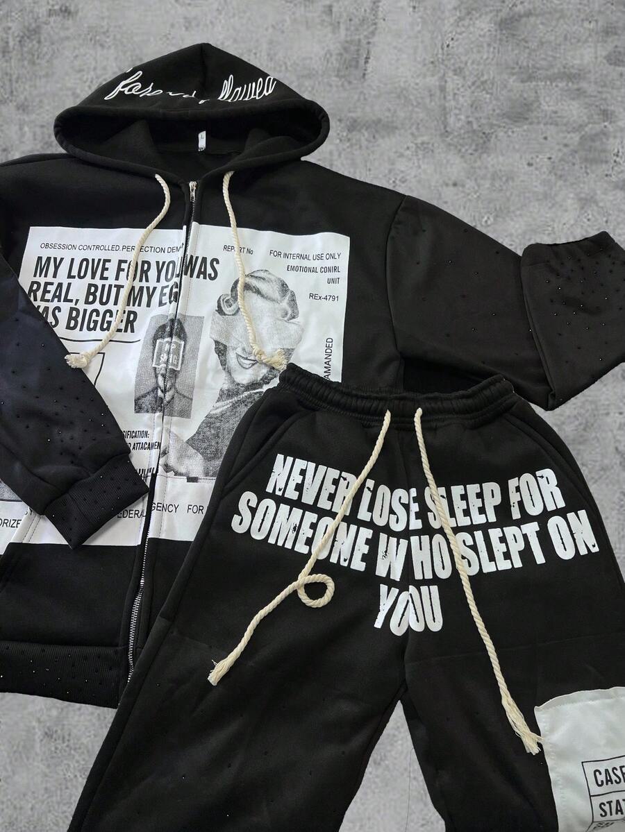 Men's Y2K Letter Print Zip Hoodie / Cargo Pants Streetwear Oversized Pullover And Joggers - 黑色上衣 - 查看 1