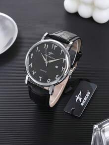 RICECGO 1pc Men's Quartz Watch, Round Dial With PU Leather Strap, Casual Date Display, Suitable For Daily Wear And Holiday Gifts