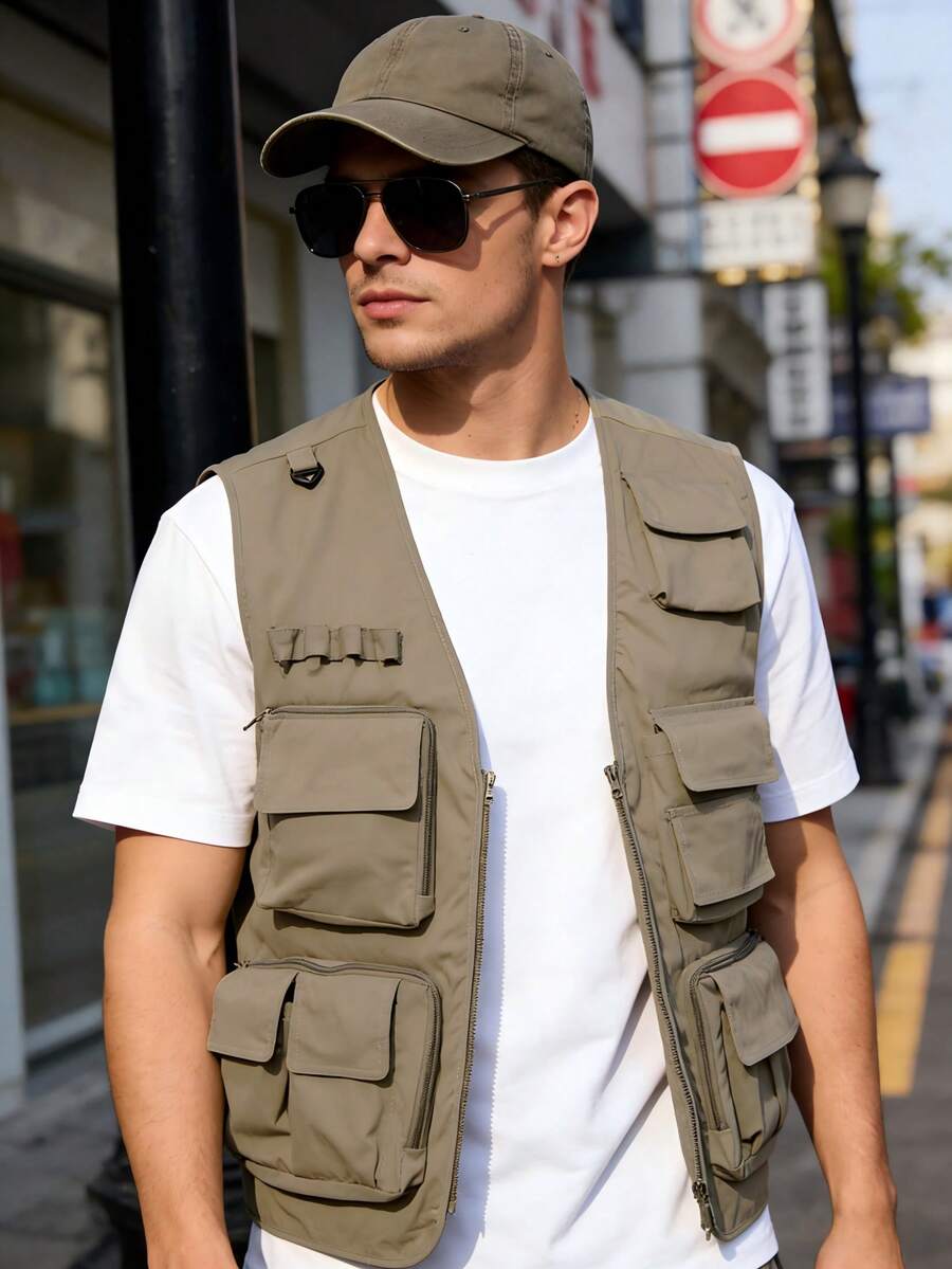 Men's Outdoor Multi-Pocket Utility Vest, Lightweight Breathable Tactical Gilet With Zipper Pockets, Large Storage Sleeveless Jacket For Fishing - Khaki - View 1