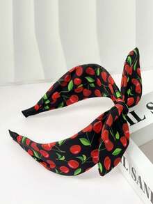 1pc/2pcs Summer Women Sweet Cute Fabric Cherry Print Rabbit Ear Wide-Banded Headband, High Crown Pressure Hair Accessory , Suitable For Beach Vacation - Multicolor - View 4