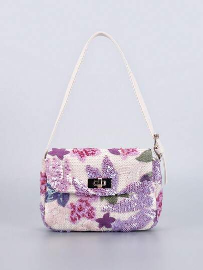 New Women's Sequin Embroidered Floral Shoulder Bag, Glittery Floral Pattern Elegant Versatile Bag For Parties Weddings Vacations Shopping Dating, Fashion Leisure Holiday Bag & Ideal Holiday Gift