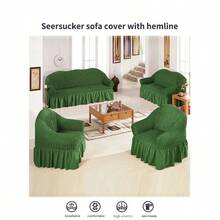 Modern Style Polyester Fiber Solid Color Bubble Gauze Simple Style Elastic All-Inclusive Lace Design Sofa Cover, All Seasons Scratch Resistant Elastic Living Room Sofa Cover Pet Anti-Dirty Universal Sofa Protector Home Decoration - 綠色 - 查看 5