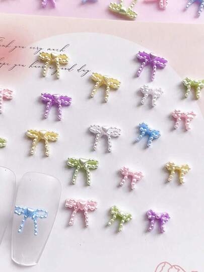 100pcs Small Size Faux Pearl Bow Design Nail Art Decoration, Ribbon Nail Decoration, DIY, Nail Products, Nails Charm, Mixed Colors Nail Supplies