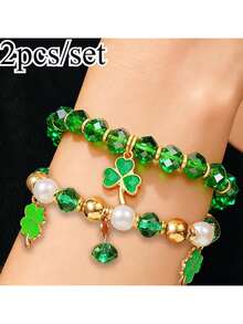 2pcs St. Patrick's Day Irish Festival Green Four-Leaf Clover Lucky Bracelet - Fresh And Cute Green Bracelet Suitable For Party Or Daily Wear - Unisex - Green - View 7