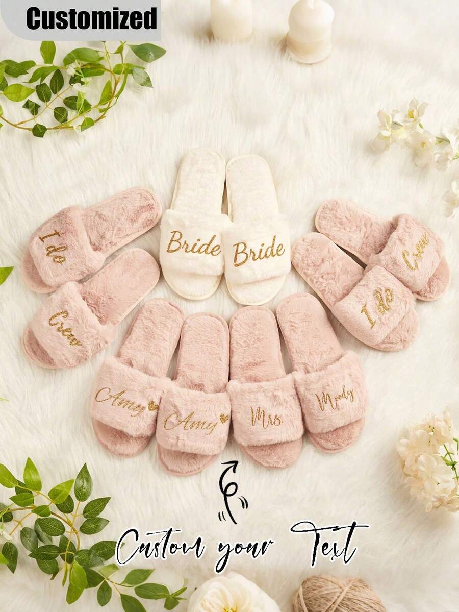 Customized Bridal Wedding Plush Slippers, Fashionable Bridesmaid Gift Decor, Stylish, Hippie, Minimalist, Casual, Cute, Simple Chic, Minimalist Chic, Comfortable Custom, Unique, Personalized Collectible Gift, Ideal Gift ,Spring-Collection - Multicolor - View 1