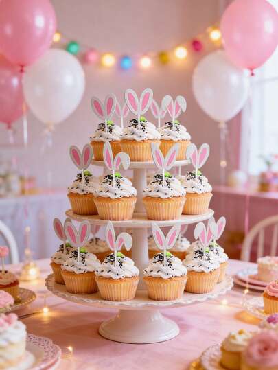 12个闪亮复活节兔子耳朵纸杯蛋糕装饰插牌，粉色兔子蛋糕装饰签，节日复活节装饰，兔子耳朵纸杯蛋糕装饰插牌，适用于春季主题派对、生日派对、甜点桌用品、节日派对餐桌装饰，可爱兔子主题蛋糕插签，适用于家庭聚会庆祝活动。