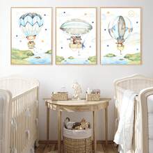 1幅帆布墙画_儿童房海报，热气球，儿童艺术，墙面装饰，图片，动物图案，礼物，波西米亚风格，婴儿用品 - 带框婴儿房墙画，完美适用于游戏室装饰、婴儿房装饰、托儿所装饰、幼儿园装饰、男孩房装饰、女孩卧室装饰、儿童房装饰。 - 彩色 - 查看 2