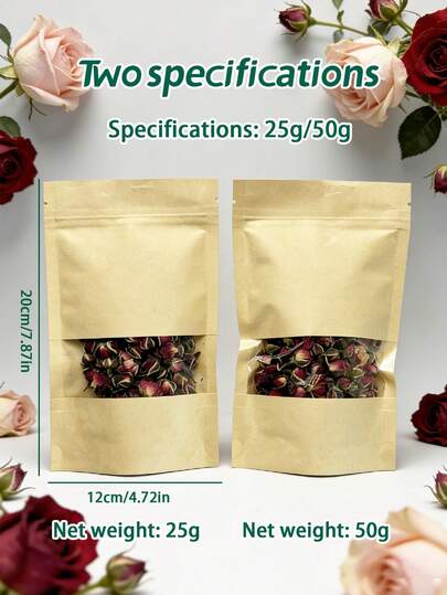 25克/50克新鲜玫瑰花蕾，干玫瑰，新采摘盛开的花朵，香气浓郁，色泽鲜艳，花瓣饱满，低温烘焙，手工采摘，精心挑选，嫩芽和花蕾，持久留香