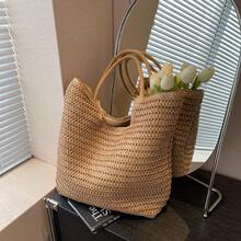 1pc Fashionable High-End Fresh Niche Versatile Woven Tote Bag, Large Capacity Beach Casual Shoulder Straw Bag - Brown - View 3