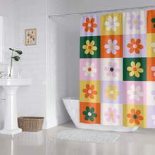 1pc Sweet Checkered Floral Shower Curtain, Cute Checkered Spliced Floral Printed Shower Curtain, Very Suitable For Bathroom Decoration, Universal Room Decoration, Home Decoration Set, Bathroom Accessories Bathtub Curtain
