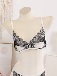 Wild Classic Sexy Lace Patchwork Lingerie Set, Includes Camisole & Thong - Black and White - View 2