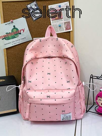 1pc Pink Nylon Casual Chic Bow Dot Print All-Over Cartoon Letter Patch Drawstring Multi-Pocket Large Capacity Foldable Water-Resistant Smooth Zipper Backpack (No Plush Pendant Plush Badge), Suitable For Spring/Summer Hot Selling, Suitable For High School Students, Versatile Use For School, Commute, Outdoor Travel, Also Can Be Used As Holiday Gifts, Can Hold Books, Pencil Case, Cosmetic Bag, Cosmetic Box, Suitable For Family, Gifts, Vacation