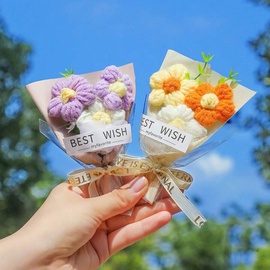 手工礼品花束，针织绒球花束，迷你仿真向日葵和雏菊，节日派对礼品，生日礼物 - 彩色 - 查看 1
