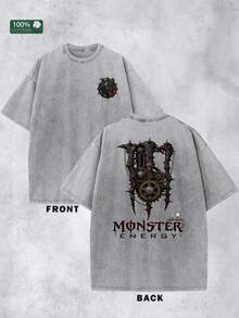 MONSTER ENERGY Steampunk Gear & Claw Graphic Print 100 Percent Cotton Mens Clothes Summer Outfits Featuring Front Compact Steampunk Gear Motif With Intricate Red And Black Mechanical Detailing, Back Oversized Claw-Style Graphic Adorned With Interlocking Gears, Rustic Chains, Spiked Accents And A Central Industrial Gear Core, Complemented By Bold "MONSTER ENERGY" Text In A Distressed Gothic Font With Subtle Mechanical Accents, Crafted From Premium 100% Cotton For All-Day Breathability And Comfort, Designed To Resist Fading And Maintain Vibrancy Through Repeated Summer Wear And Washes, Ideal For Comfortable Daily Casual Wear, Leisure Occasions, Outdoor Hangouts, Music Festivals And Enthusiasts Who Appreciate Edgy Steampunk Aesthetics, Bold Branding And High-Quality Construction, A Standout Summer Wardrobe Piece That Combines Industrial Mechanical Design With Iconic MONSTER ENERGY Branding, Perfect For Gifting To Fellow Fans Of Bold Graphics And Casual Summer Style - 灰色 - 查看 1