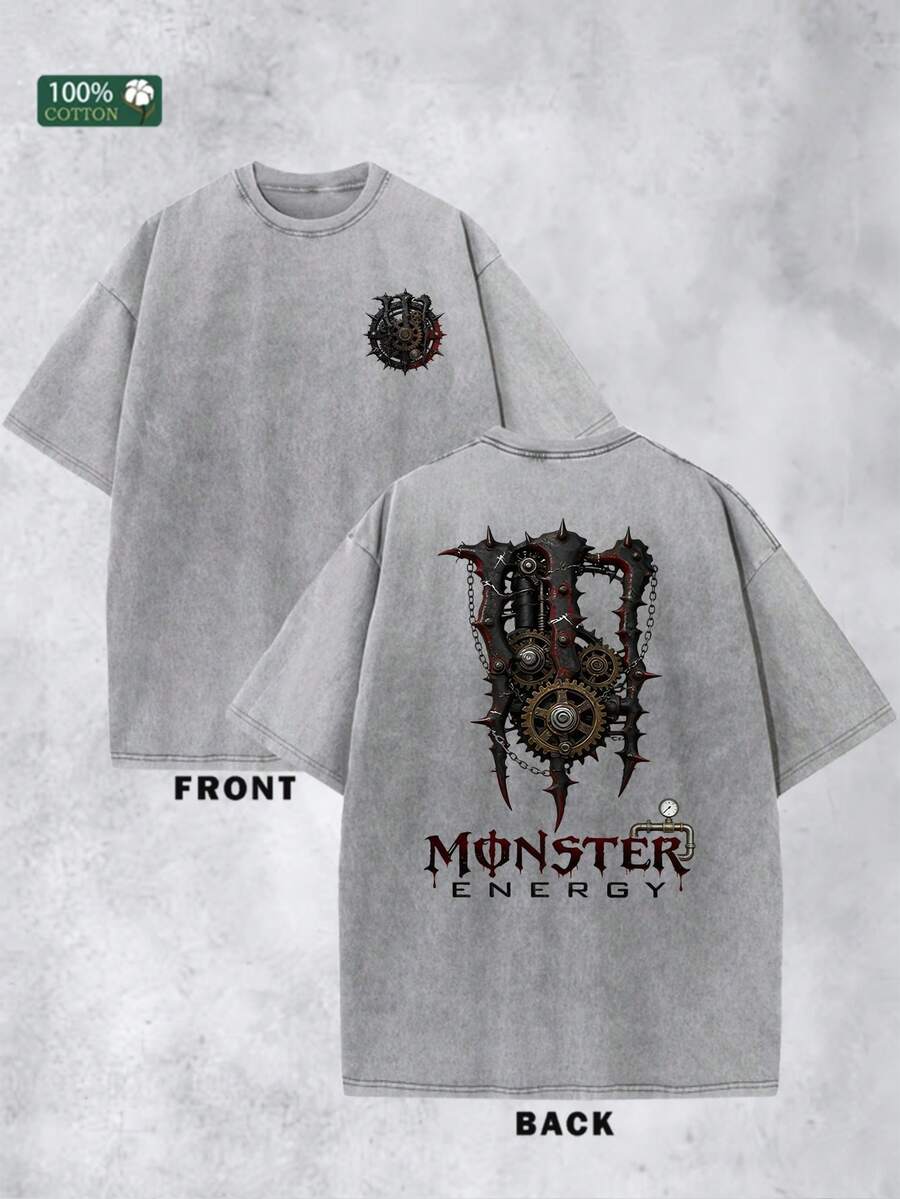MONSTER ENERGY Steampunk Gear & Claw Graphic Print 100 Percent Cotton Mens Clothes Summer Outfits Featuring Front Compact Steampunk Gear Motif With Intricate Red And Black Mechanical Detailing, Back Oversized Claw-Style Graphic Adorned With Interlocking Gears, Rustic Chains, Spiked Accents And A Central Industrial Gear Core, Complemented By Bold "MONSTER ENERGY" Text In A Distressed Gothic Font With Subtle Mechanical Accents, Crafted From Premium 100% Cotton For All-Day Breathability And Comfort, Designed To Resist Fading And Maintain Vibrancy Through Repeated Summer Wear And Washes, Ideal For Comfortable Daily Casual Wear, Leisure Occasions, Outdoor Hangouts, Music Festivals And Enthusiasts Who Appreciate Edgy Steampunk Aesthetics, Bold Branding And High-Quality Construction, A Standout Summer Wardrobe Piece That Combines Industrial Mechanical Design With Iconic MONSTER ENERGY Branding, Perfect For Gifting To Fellow Fans Of Bold Graphics And Casual Summer Style - 灰色 - 查看 1