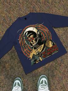 Y2k Astronaut Art Punk Long Sleeve Shirts ,Sky Double-Sided Printing,Christmas Style Graphic T Shirt Cotton,Fashionable Hip-Hop For Men -  Long Sleeve T-Shirts, Funny Vintage Shirts,Regular Fit, Street Style, Digital Print,  Ideal Gift - 寶藍色 - 查看 2