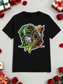 T-shirt homme à motif casque audio, été, décontracté, respirant, imprimé graphique unique - Noir - Voir 2