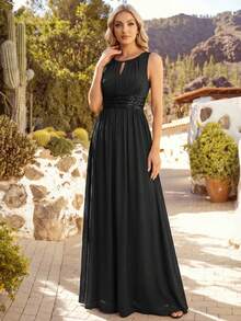 EVERPRETTY 浪漫雪纺露背荷叶边黑色伴娘礼服，适合婚礼、春夏婚礼宾客、半正式场合 - 黑色 - 查看 10