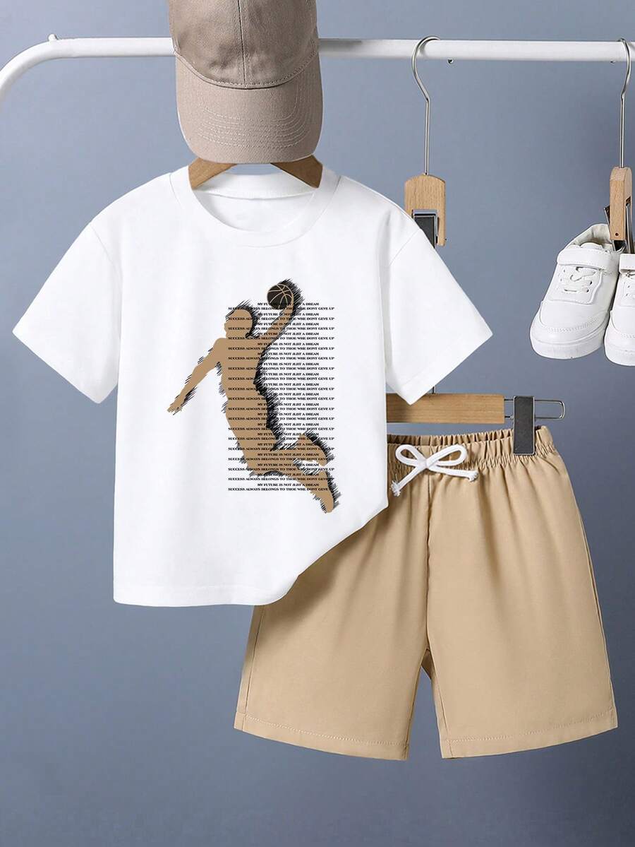 Fictional Character Print Round Neck Short Sleeve T-Shirt And Shorts Casual Outfit For Young Boy - White - View 1
