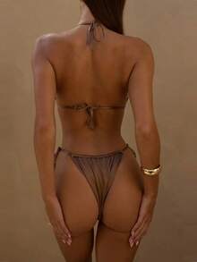 2-Piece Womens Bikini Sets Halter Neck Back Bathing Suit - Brown - View 3