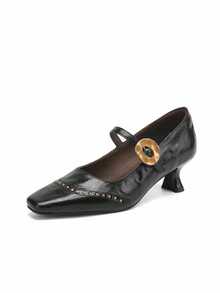 5厘米方头铆钉低鞋面单带复古细跟通勤玛丽珍鞋 - 黑色 - 查看 4