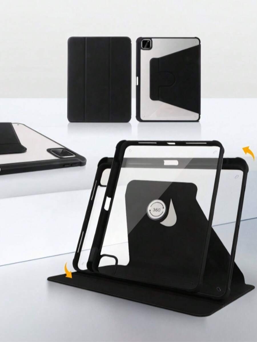 TenYide 1个360°旋转亚克力三折支架，带笔槽、睡眠/唤醒功能，适用于iPad Mini 6/Mini 7/9.7/10.2/10.5/Air 4/5/10.9/Pro 11/10代/Air 11(M2) 2024/Air 13(M2) 2024/PRO 11(M4)/Pro 13(M4) 12.9/iPad Air 13(M3) 2025/iPad Air 11英寸(M3) 2025/iPad (A16) 11英寸第11代 2025 - 黑色 - 查看 1