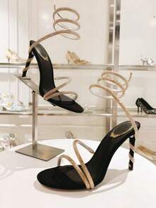 2026新款水钻蛇形缠绕高跟鞋，性感细高跟明星同款绑带华丽凉鞋 - 黑色 - 查看 2