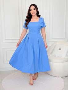 Women's Midi Dress With Bow On The Shoulder (Christian Style) - 淺藍色 - 查看 1