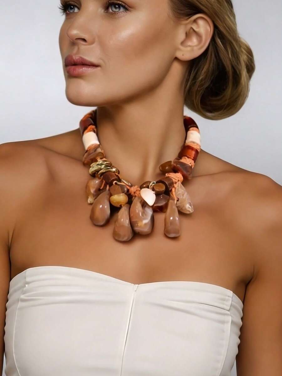 Retro Brown Rope Necklace, Contrasting Textured Stone Decor Minimalist Clavicle Chain, Lightweight Elegant Mori Style Necklace - Water Drop Pendant - View 1