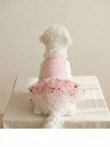 PETSIN 1 件针织网眼拼布宠物狗公主裙，优雅粉色樱桃印花吊带背心裙，适合小型犬 - 粉色 - 查看 5