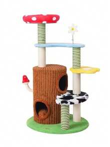 1pc Three-Tier Cat Climbing Frame Linen Braided Columns Felt Base Cat Claw Grinding Toy Cats Climb Treehouses Frame Interactive Cat Scratching Post With Hanging Mouse Hard-Wearing Cat Supplies