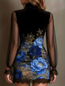 Women Turtleneck Long Sleeve Dress Sheer Mesh Lace Detail Floral Print Mini Dress - Màu xanh lam - Xem 4