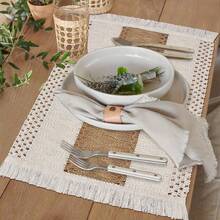 6/4/2pcs Set Elegant Woven Placemats - Classic Cream White + Natural Beige Knitted Design With Tassel Details, Breathable Crochet Lace Trim, Stain-Resistant Tablecloth Suitable For Rustic Farmhouse, Modern Coastal Or Classic Dining Decor | Upgrade Dining Aesthetics With Fashionable And Durable Placemats, Applicable For Daily Meals, Holiday Gatherings And Dinner Parties - Multicolor - View 6