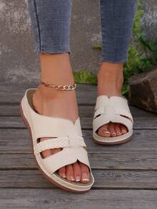 Women's 2026 Spring New European And American Solid Color Slippers, Oversized One-Toe Open Elegant Comfortable Beach Resort Style Platform Wedge Sandals - Beige - View 2