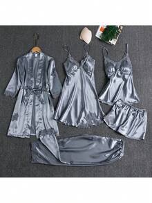 Five-Piece Set - Women's Summer Ice Silk Pajamas, Sexy And Hot, Adult Long-Sleeved Thin Women's Bathrobes For Spring And Autumn, Five-Piece Set, Multi-Color - Bộ sâm panh năm món - Xem 5