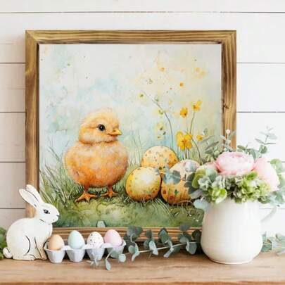 1/2pcs Farmhouse Wooden Easter Sign, 8x8 Inch Frame Wall Art With Chicks And Eggs, Indoor Decor For Living Room, Bedroom, Kitchen, Farmhouse Holiday Wall Hanging, No Electricity Required