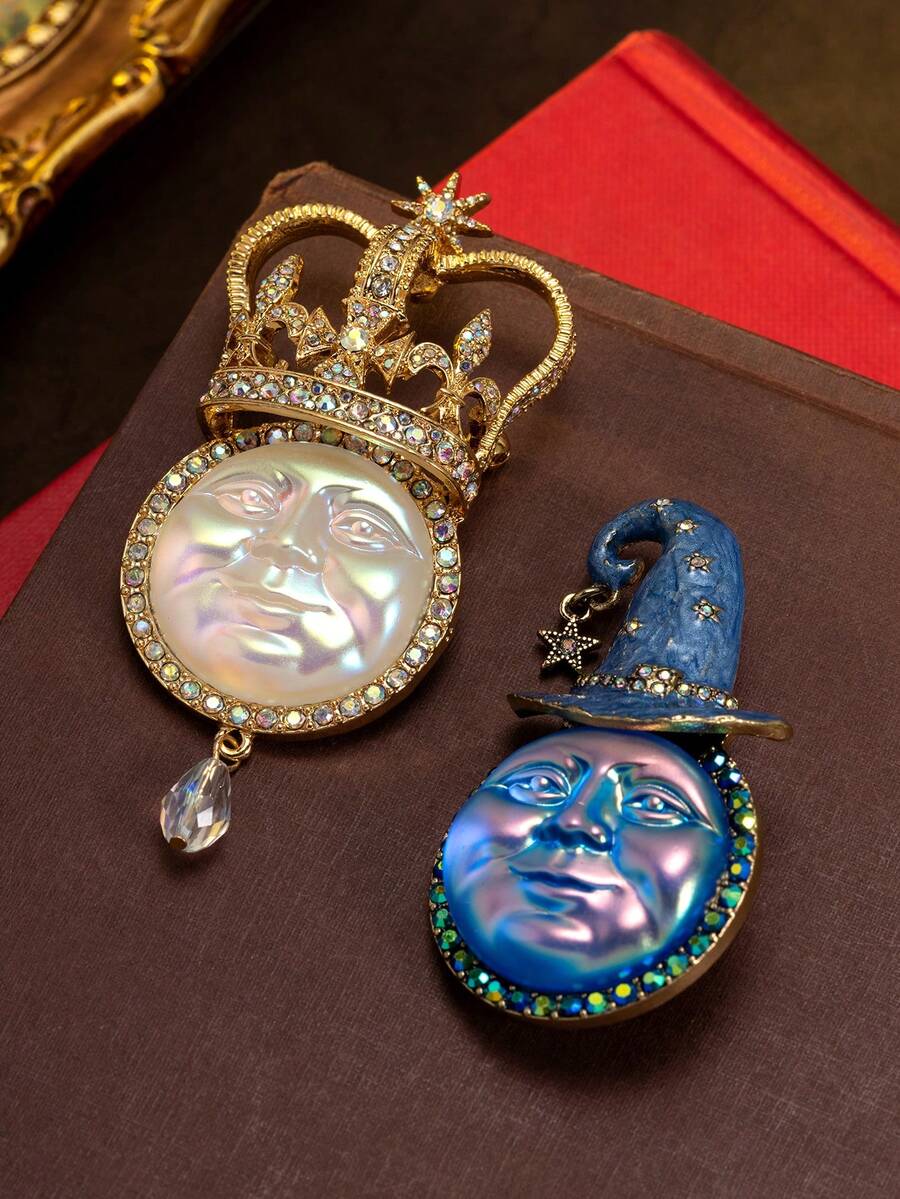 1pc 2-In-1 Vintage European & American Figure Minimalist Versatile Elegant Luxurious Brooch, Suitable For Daily, Party, Banquet And Celebration Occasions. One Style Is Iridescent Pearl Crescent Moon With Rhinestone Crown + Crystal Pendant, Gilded Textured With Courtly Luxurious Feel - Multicolor - View 1