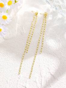 一对简约复古长款金属铜链流苏耳环，女士耳环，适合日常休闲、情人节、度假、节日佩戴，也是送给女性的礼物、珠宝首饰、闺蜜礼物以及夏季海滩装扮的理想之选。 - 金色 - 查看 2