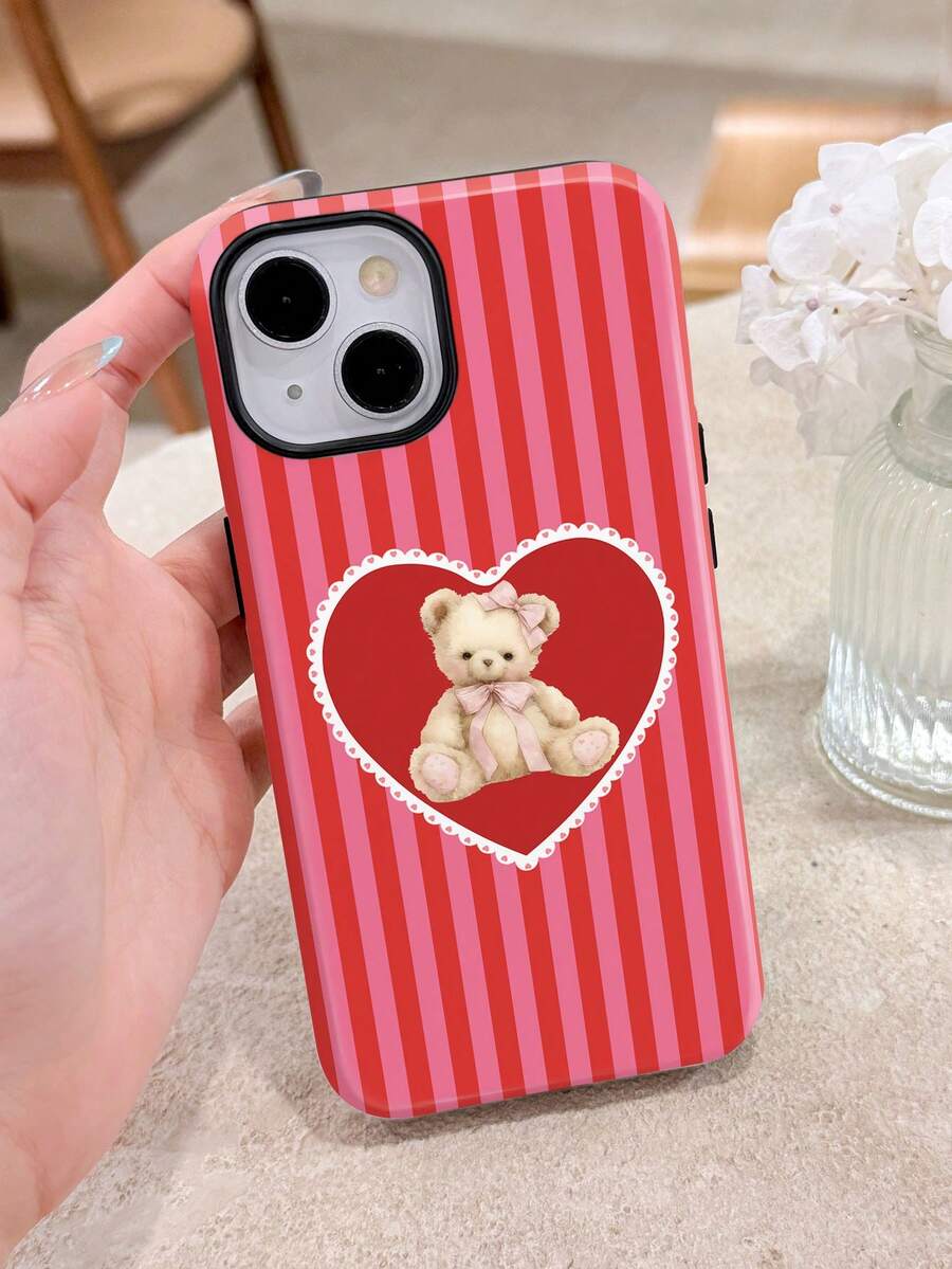 1pc Romantic Striped Heart Teddy Bear Pattern Glossy 2-In-1 Phirim Shell Full Coverage Phone Hard Case Suitable For Samsung/IPhone11/12/13/14/15/16/17 Pro Max - Multicolor - View 1