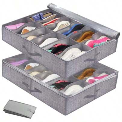 Underbed Shoe Storage 2 Foldable Under Bed Shoe Cabinet Storage Boxes With A Total Of 24 Compartments Under Bed Shoe Box/Container With Reinforced Handle Transparent Cover Foldable Shoe Box Grey