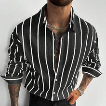 GloMan 男士经典黑白条纹长袖衬衫，亚麻质感休闲办公通勤衬衫，四季皆宜的复古风格，圣诞节和新年男士礼物 - 黑色 - 查看 5