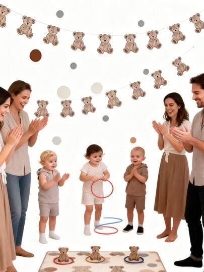 1/2pcs Vintage Brown Teddy Bear Sewn Paper With Flower Patterns For Baby's Birthday And Birthday Parties, Flag Background Wallpaper String Hanging Decorations, Suitable For Baby Parties, Baby Showers