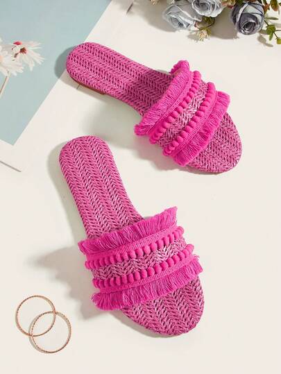 Fuchsia Woven Straw Flat Sandals With Fuzzy Pom Pom & Tassel Decor, Boho, Vacation Style, Random Length & Quantity Of Tassels, Random Woven Texture