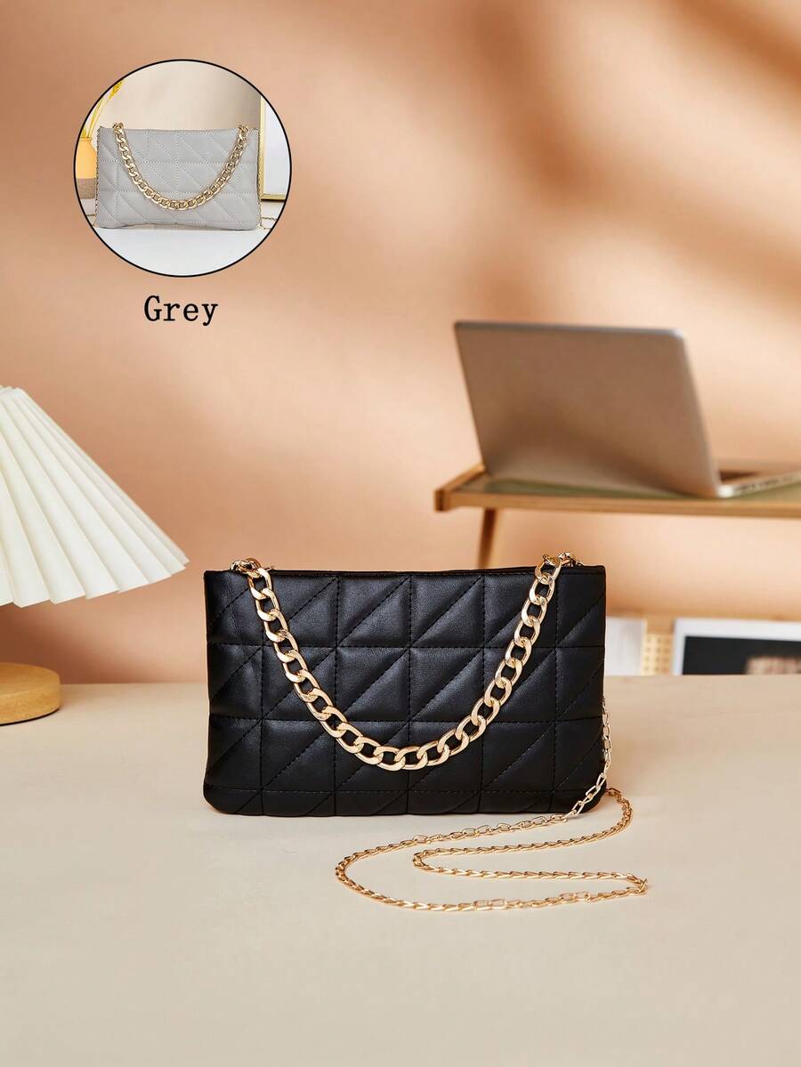 1pc Girls' Quilted Embroidered Handbag Shoulder Bag, Metal Chain Decor, Multipurpose, Great Gift - Multicolor - View 1