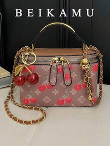 1pc BEIKAMU Small Design Handbag Box Type Bag, Fashionable Lipstick & Coin Purse, Elegant Chain Shoulder Crossbody Bag (Comes With Cherry Pendant) - Brown - View 5