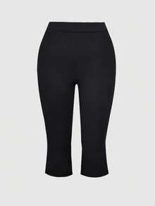 Solid Color Lightweight 7/8 Leggings With Side Slit Hem, Suitable For Casual Outings And Dates In Summer And Spring Black - Black - View 6