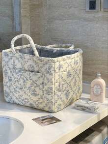 1 PC Floral Print Quilted Storage Basket Laundry Basket Large Capacity Portable Storage Bag Foldable Snack Basket With Handle For Women And Girls - 彩色 - 查看 14